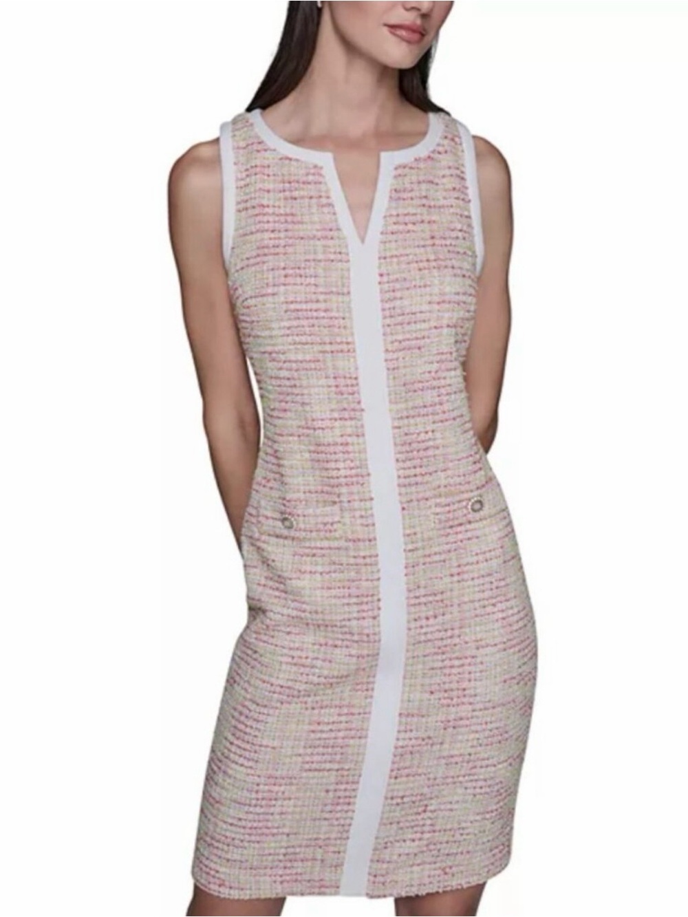 NWT Karl Lagerfeld Size 12 Pink and Cream Tweed Sheath Dress with White Trim